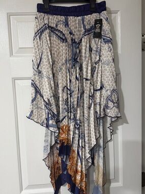 Handkerchief Hem Printed Maxi Skirt in Navy, White & Brown